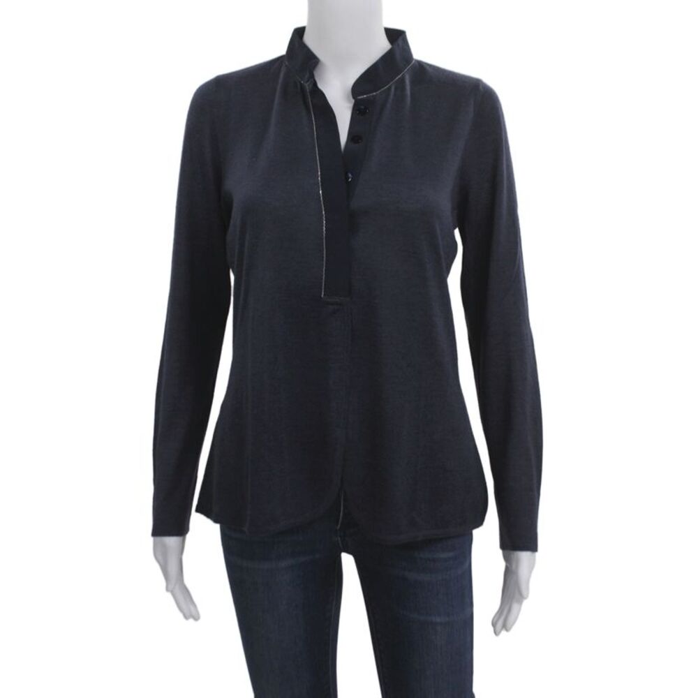 Rani Arabella Womens Cashmere Blue Henley Button Long Sleeve Blouse Size L